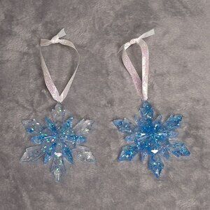 Handmade Glittery Blue Resin Snowflake Christmas Ornaments Ribbon Hangers